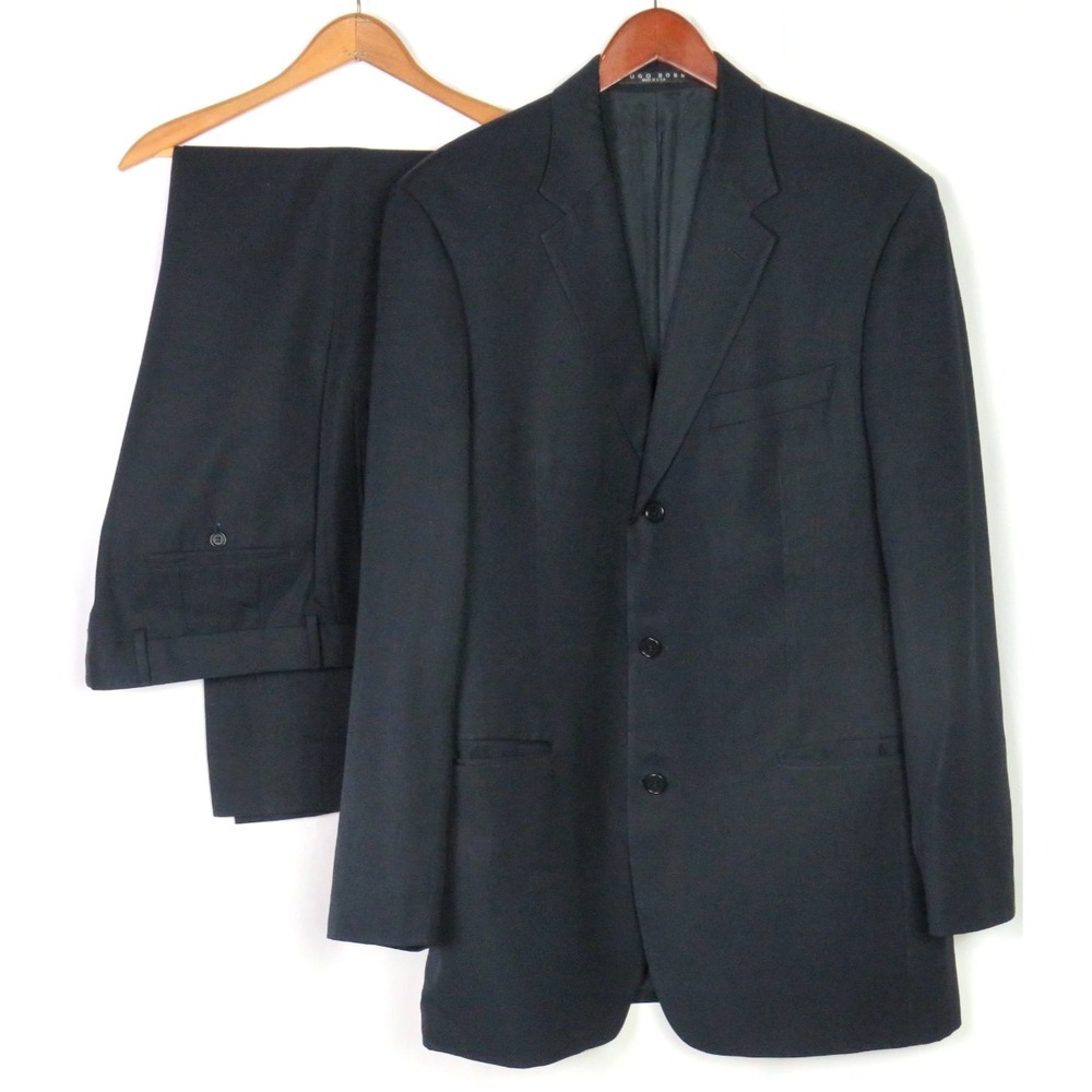 HUGO BOSS Wool/Poly Black Suit 3 Button 42L Jacket & 36 X 33 Pleated Pants